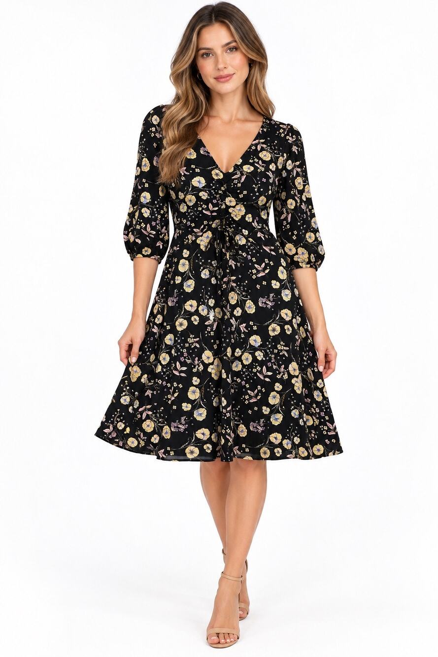 LC Lauren Conrad Women's Black Floral V-Neck Fit & Flare Dress Medium
